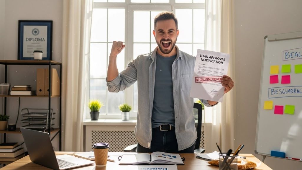 Small business owner celebrating successful startup loan approval with no collateral needed