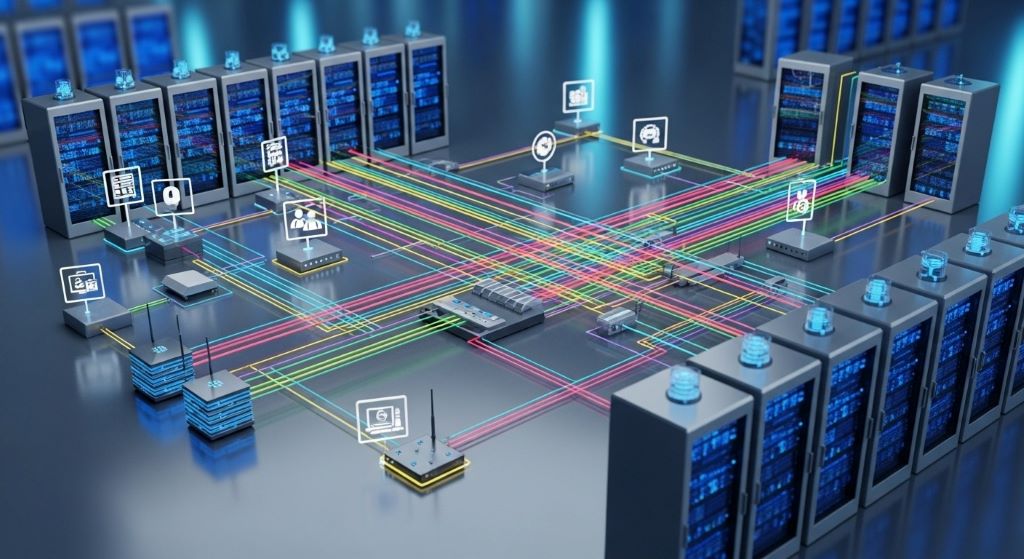 Network diagram showing interconnected business systems with redundant pathways for resilience and continuity