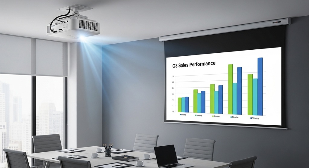 small meeting room projector setup with laptop presentation