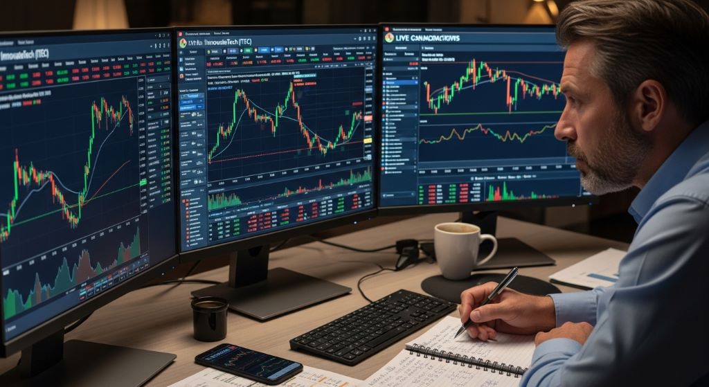 Investor analyzing small-cap stock charts and financial data on a computer screen