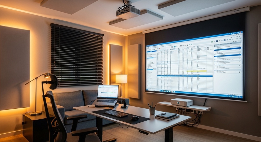 minimalist office tech essentials with projector workspace