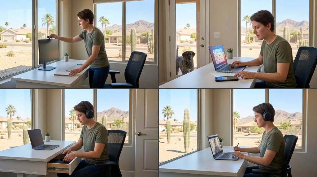 A clean, organized remote workspace in a Phoenix home designed to minimize distractions
