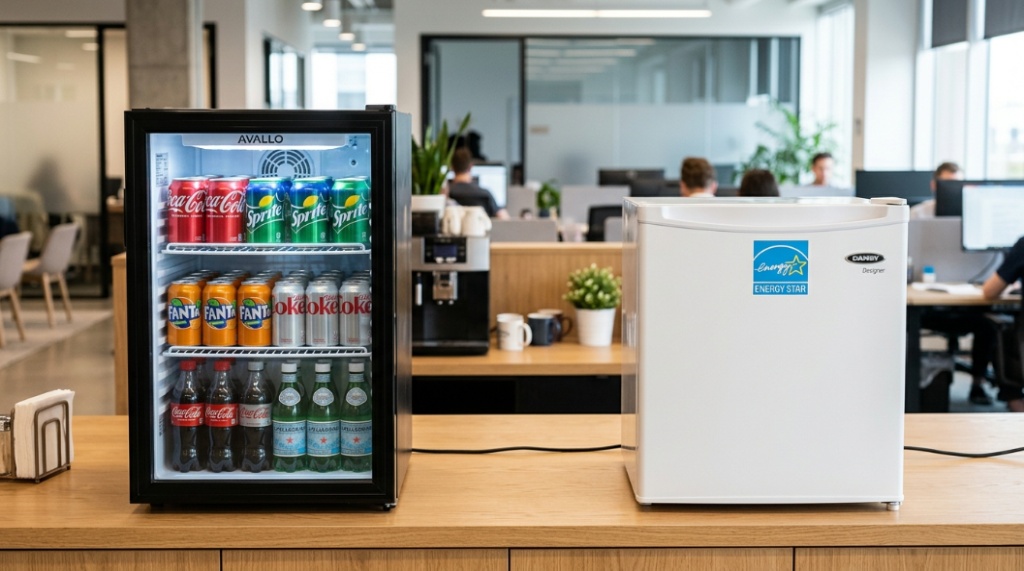Side by side comparison of a glass door beverage cooler and an energy efficient compact office fridge.