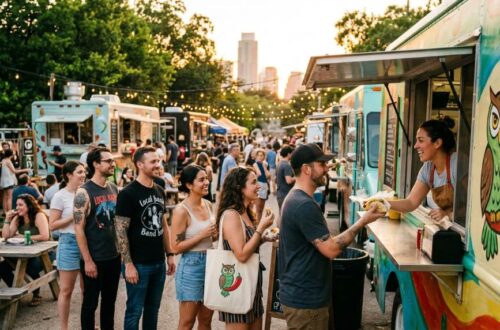 Small Austin food brand owner serving loyal local customers at a busy outdoor Texas farmers market during summer