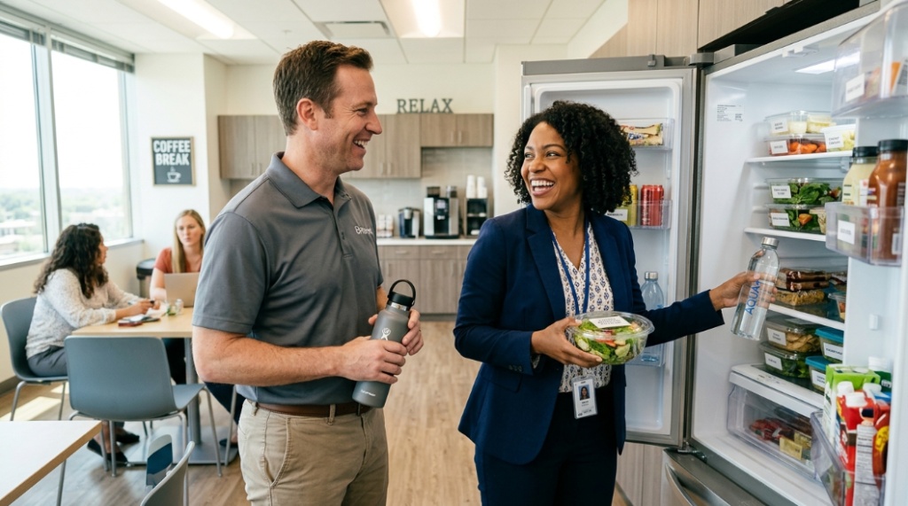 Two office workers smiling while grabbing lunch and drinks from an organized small office refrigerator.