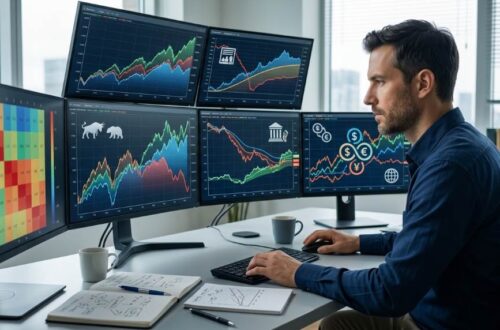 Trader analyzing cross-asset market movements in stocks bonds and FX