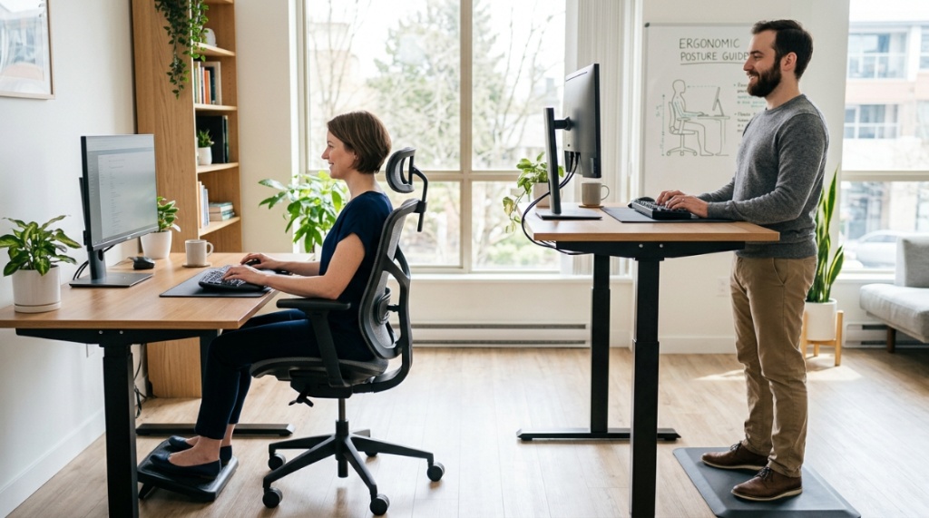 Alt Text: Person working comfortably at adjustable standing desk in modern office.