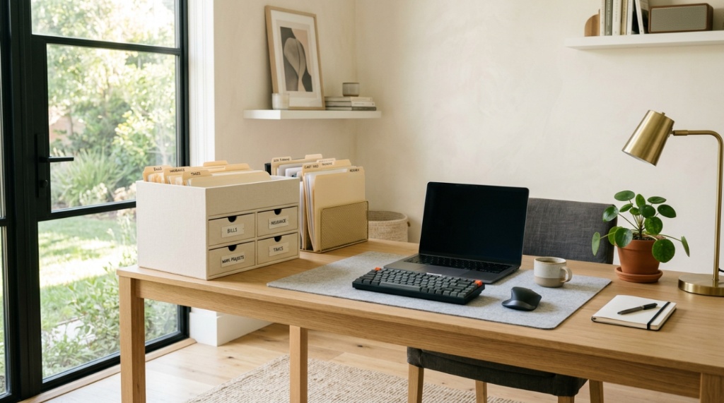Labeled document organizer box sitting on a clean modern desk.