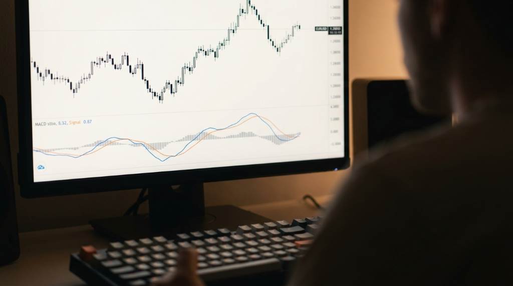 Stock trading dashboard displaying MACD buy and sell signals