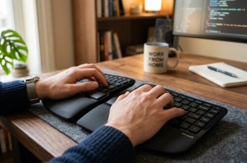 Overhead view of a budget ergonomic keyboard on a wooden desk.