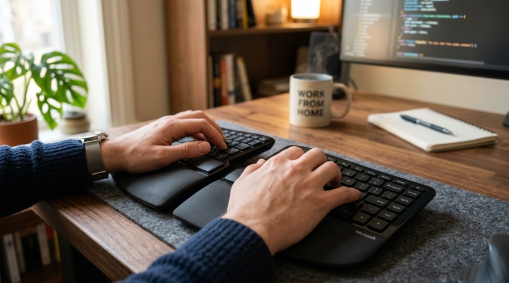 Overhead view of a budget ergonomic keyboard on a wooden desk.