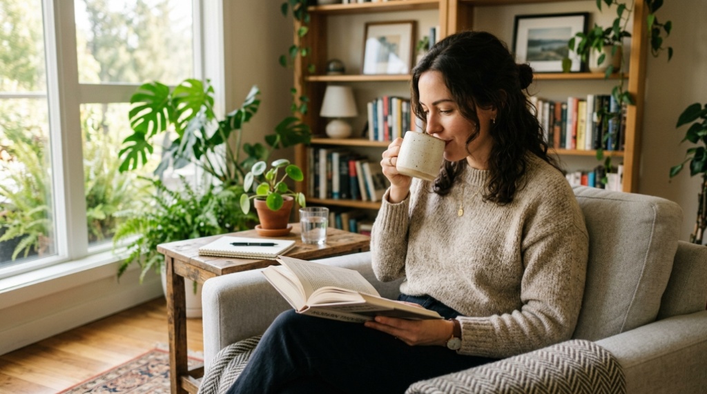 Professional reading a book with coffee in a cozy living room