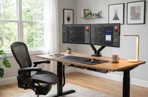 Modern home office setup featuring an ergonomic chair and warm desk lighting.