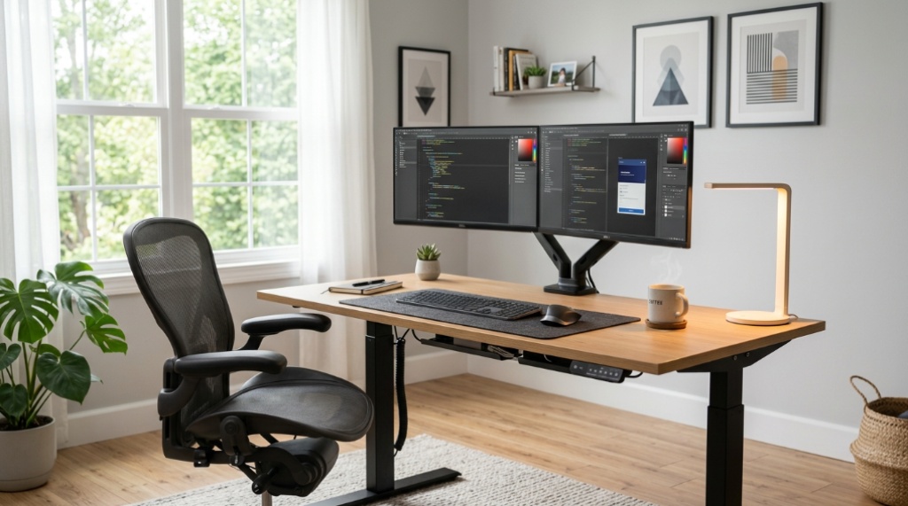 Modern home office setup featuring an ergonomic chair and warm desk lighting.