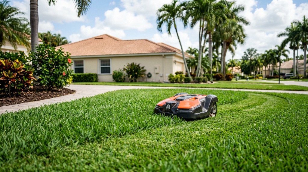Robotic lawn mower cutting green grass in a sunny Florida suburban yard.